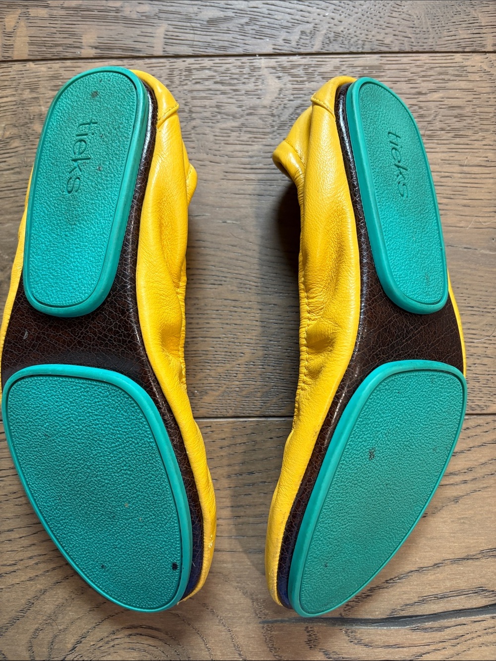 Tieks Yellow Leather Ballet Flats with Teal Accent - Picture 6 of 6